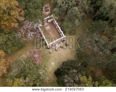 Aerial view of the ruins of Sheldon Church, built in the 18th century in South Carolina.