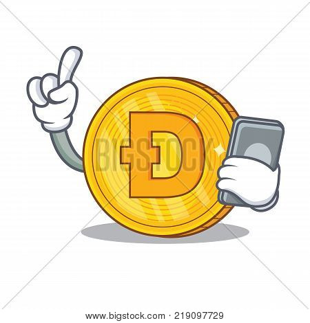 With phone Dodgecoin character cartoon style vector illustration