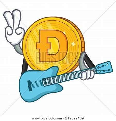 With guitar Dodgecoin character cartoon style vector illustration
