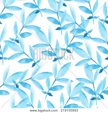 Watercolor leafs seamless pattern. Vector background with blue leafs