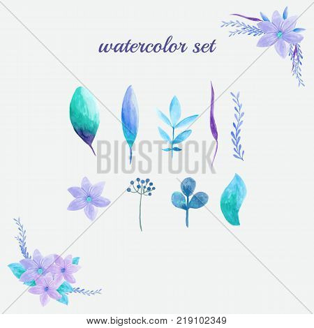 Set of watercolor flowers and leaves. Beautiful vector hand drawn element for web pages, wedding invitations, save the date cards.