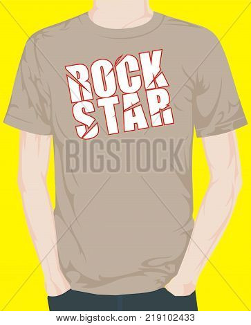 design of a light brown t-shirt with tipography rock star with yellow background