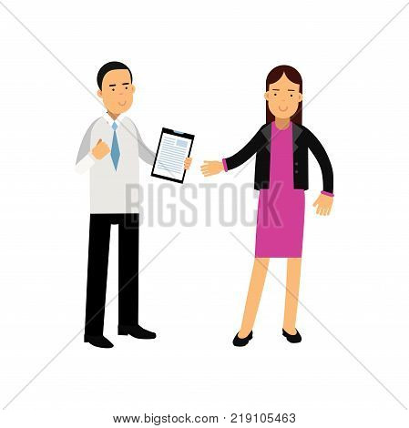 Young businesswoman and bank consultant standing isolated on white. Customer service. Banking and financial affairs concept. Cartoon people characters. Colorful vector illustration in flat style.