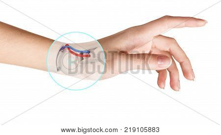 Robot hand inside human hand. Hand prosthesis concept. 3d rendering.