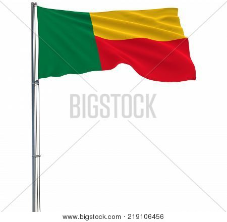 Isolate flag of Benin on a flagpole fluttering in the wind on a white background 3d rendering