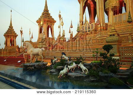 Demi-god and heaven animal decoration in front of King Rama IX Crematorium pyre site. Bangkok Thailand