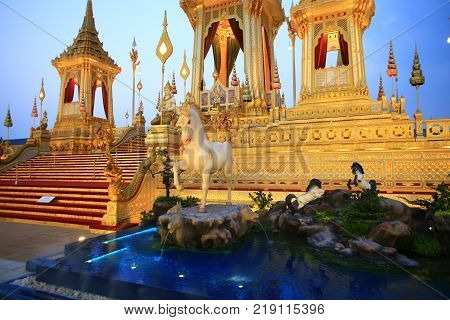 Demi-god and heaven animal decoration in front of King Rama IX Crematorium pyre site. Bangkok Thailand