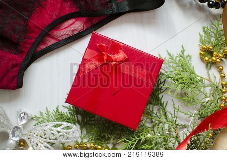 Red And Plack [anties On The White Decorative Background. Christmas Gifts Fashion Background.