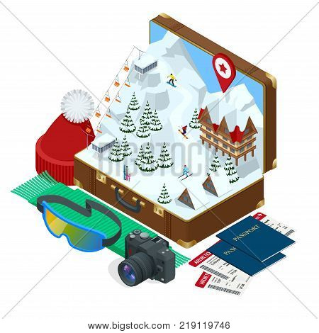 Ski resort, slope, people on the ski lift, skiers on the piste among white snow pine trees and hotel. Winter holiday web banner design. Vector isometric illustration