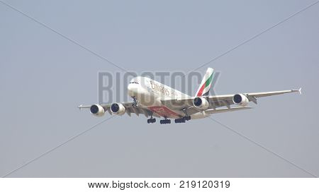 Dubai UAE March 9, 2017: Airbus A380 from Emirates landing at Dubai Airport.