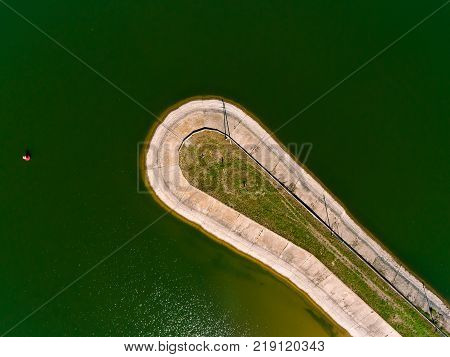Aerial view breakwater at sea, cutwater, pier, groyne mole