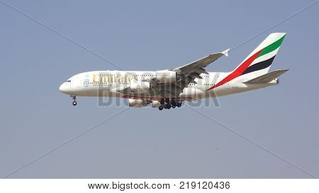 Dubai UAE March 9, 2017: Airbus A380 from Emirates landing at Dubai Airport.