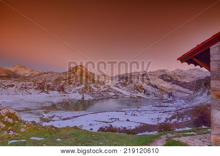 Panoramic View Of Lake Ercina With Snow In Asturias.