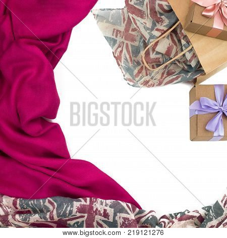 Decorative draping frame of the textile. Women's scarf pink figure the British flag.