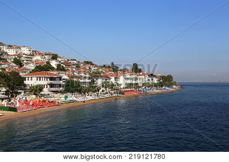 KINALIADA, TURKEY - SEPTEMBER 15, 2017: This is a residential development and the beaches of one of the Princes Islands in the Sea of Marmara - the Kinaliada Island.