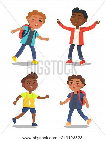 Set of schoolboys first year pupils with backpacks isolated on white background. Smiling kids in school uniform vector illustrations