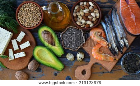 Composition Of Products Containing Unsaturated Fatty Acids Omega 3 - Fish, Nuts, Tofu, Avocado, Eggs