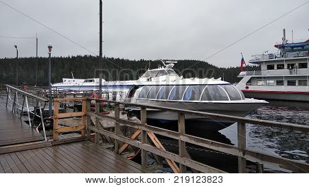 Ship missile hydrofoil at the pier of the island of Valaam in lake Ladoga