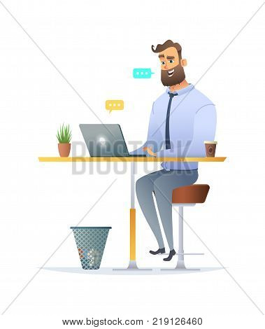 Man sitting at the desk and chatting on his laptop. Fanny cartoon character design