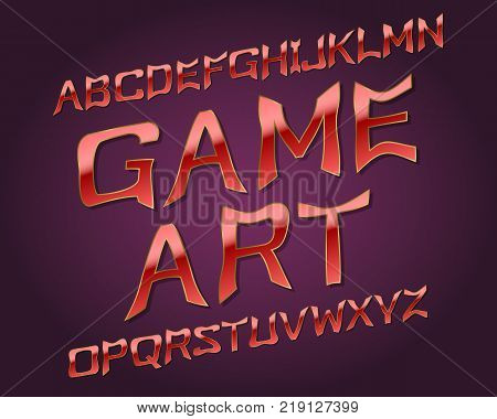 Game Art typeface. Golden red font. Isolated english alphabet.