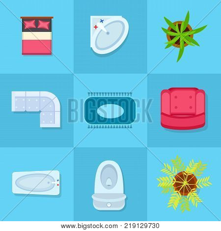 Icons of furniture like sofa, carpet, bed, tub, toilet, and flowers. Background of vector illustration with elements of interior is blue