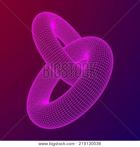 Wireframe polygonal element. 3D Torus chain with lines and dots abstract vector background