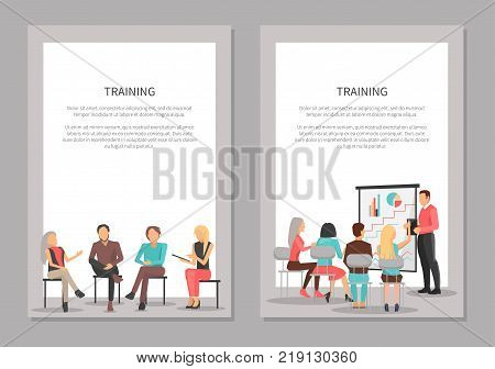 Training for workers, people on conference sitting on chairs or making report near tripod presentation stand vector posters set with text man and woman