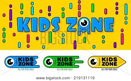 Kids Zone banner in cartoon style with a good jelly monster. for children's playroom decoration Children Playground. Vector illustration.