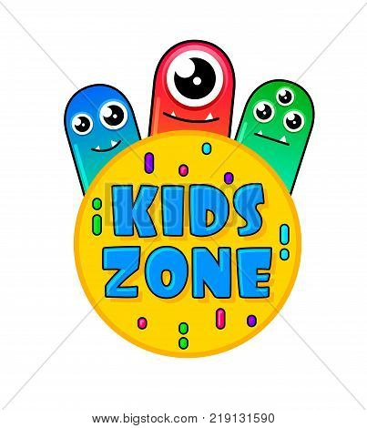 Kids Zone banner in cartoon style with a good jelly monster. for children's playroom decoration Children Playground. Vector illustration.