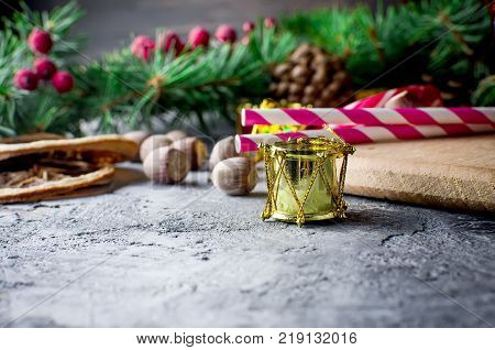 Red Christmas  Gift  Box With Red Ribbon And Fir Branches
