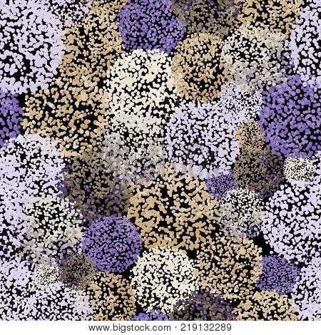 Vector seamless pattern with small furry flowers or pompoms in variety of colors can be used for web print wallpaper spring summer fashion fabric textile card background.