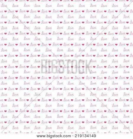 Handwritten hand drawn text love. Seamless pattern with text love. Valentines Day. Pink heart. Vector illustration