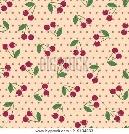 Seamless pattern red cherry ripe. Beige background brown polka dot