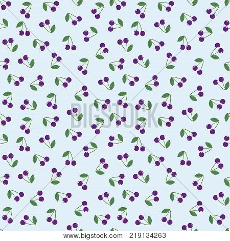 Seamless pattern small purple cherry ripe. Blue background