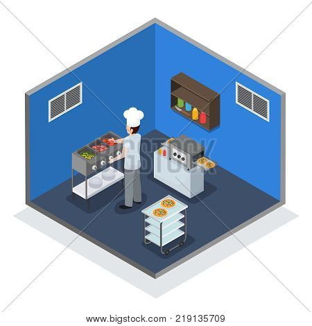 Professional kitchen facility interior isometric composition with chef at hot food unit and mini conveyor vector illustration
