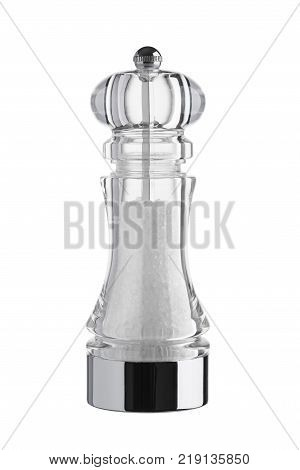 glass salt grinder full of coarse salt isolated on white background