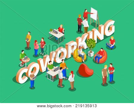 Coworking people isometric composition with figures of freelance worker characters and cumbersome text on green background vector illustration