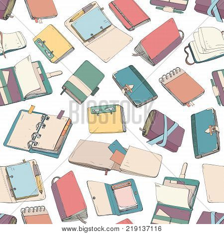 Seamless pattern with colorful notepad, notebook, diaries, sketchbooks hand drawn on white background. Backdrop with paper books or pads for writing notes. Vector illustration for wallpaper