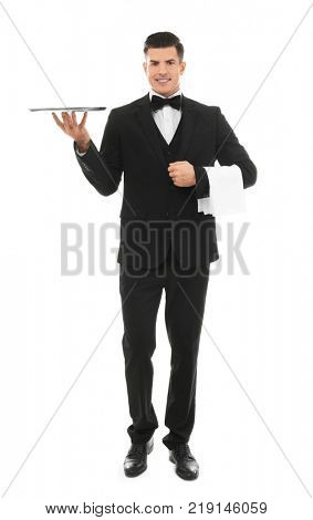 Male waiter with empty tray on white background