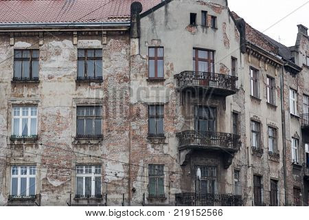 Facade of the old vintage shabby house
