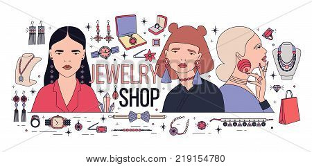 Modern banner with young beautiful girls wearing stylish massive earrings. Set of fashionable jewelry items isolated on white background. Colorful vector illustration for shop or store promotion