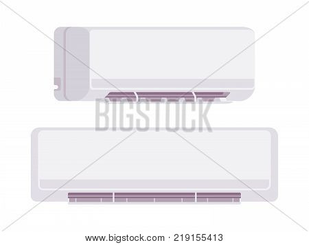 Air conditioner set. System for cooling air in an office building, room for comfortable interior environment. Vector flat style cartoon illustration isolated on white background, different positions