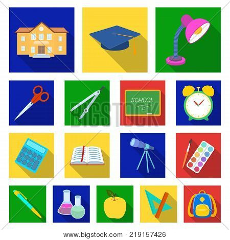 School and education flat icons in set collection for design.College, equipment and accessories vector symbol stock  illustration.
