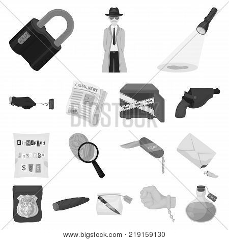 Detective agency monochrome icons in set collection for design. Crime and investigation vector symbol stock  illustration.