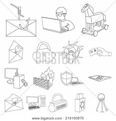 Hacker and hacking outline icons in set collection for design. Hacker and equipment vector symbol stock  illustration.