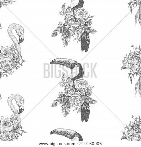 Flower bouquet with tropical birds, eucaliptus, peony and anemone, flamingo, tukan. Detailed hand drawing illustration for cloth, paper, typography and design