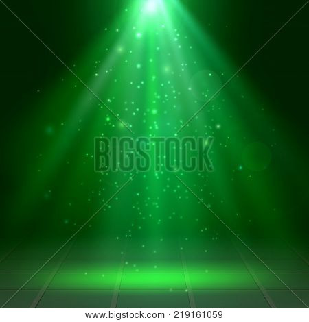 Green spotlights fog smoke Scene Disco Light Effects St. Patrick's Day Halloween Vector illustration