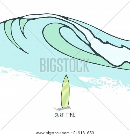Landscape with a big wave and a surfboard with the inscription 