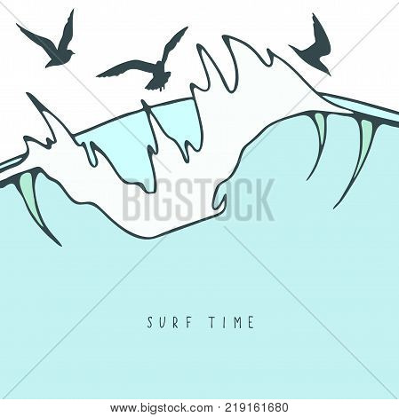 The landscape with large storm waves with gulls and with the inscription 