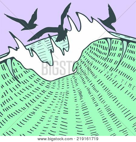 The Landscape With Large Storm Waves  With Gulls And With The Inscription 